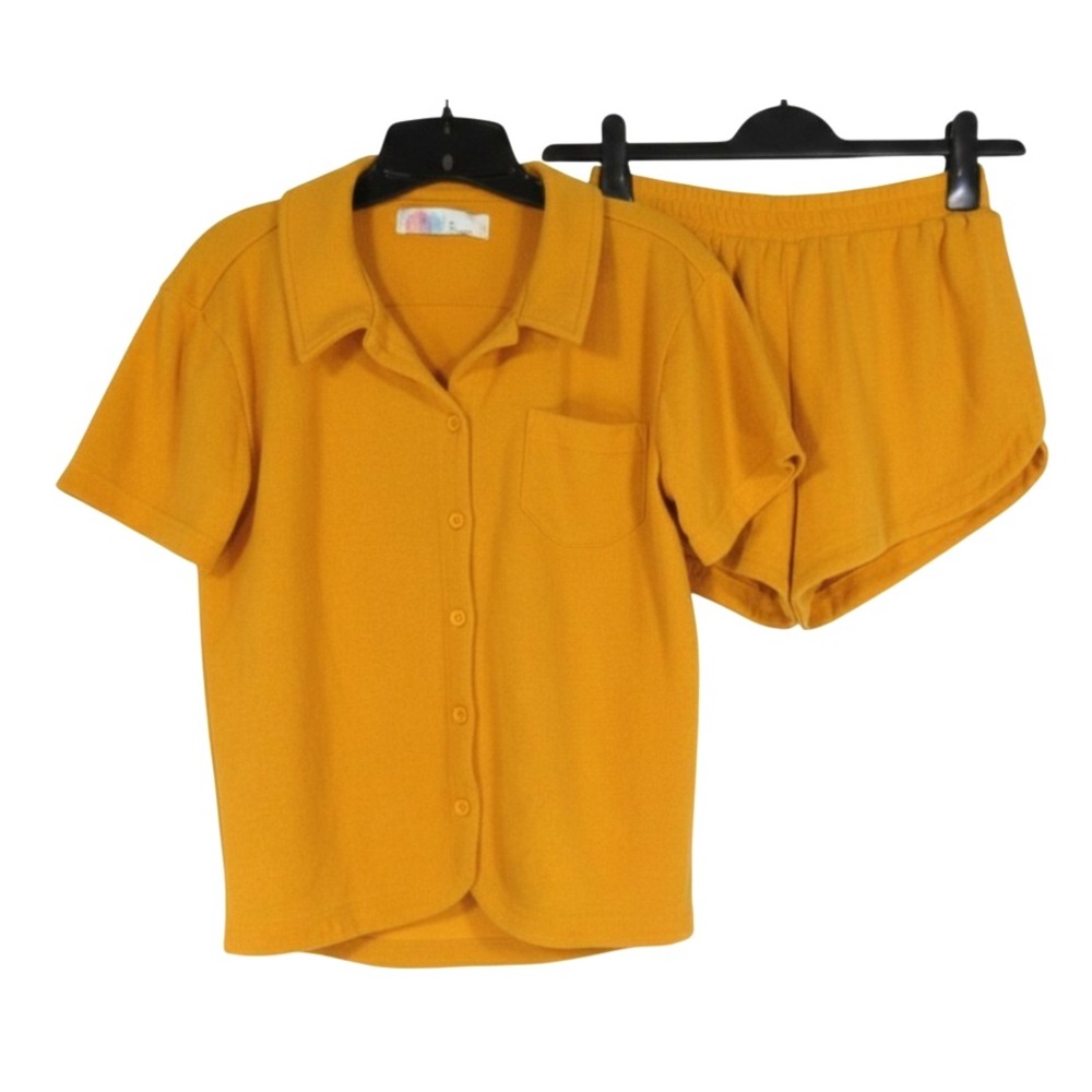 FREE PEOPLE FP BEACH Mustard TERRY CLOTH Button-Up SHIRT/SHORTS Lounge Outfit XS